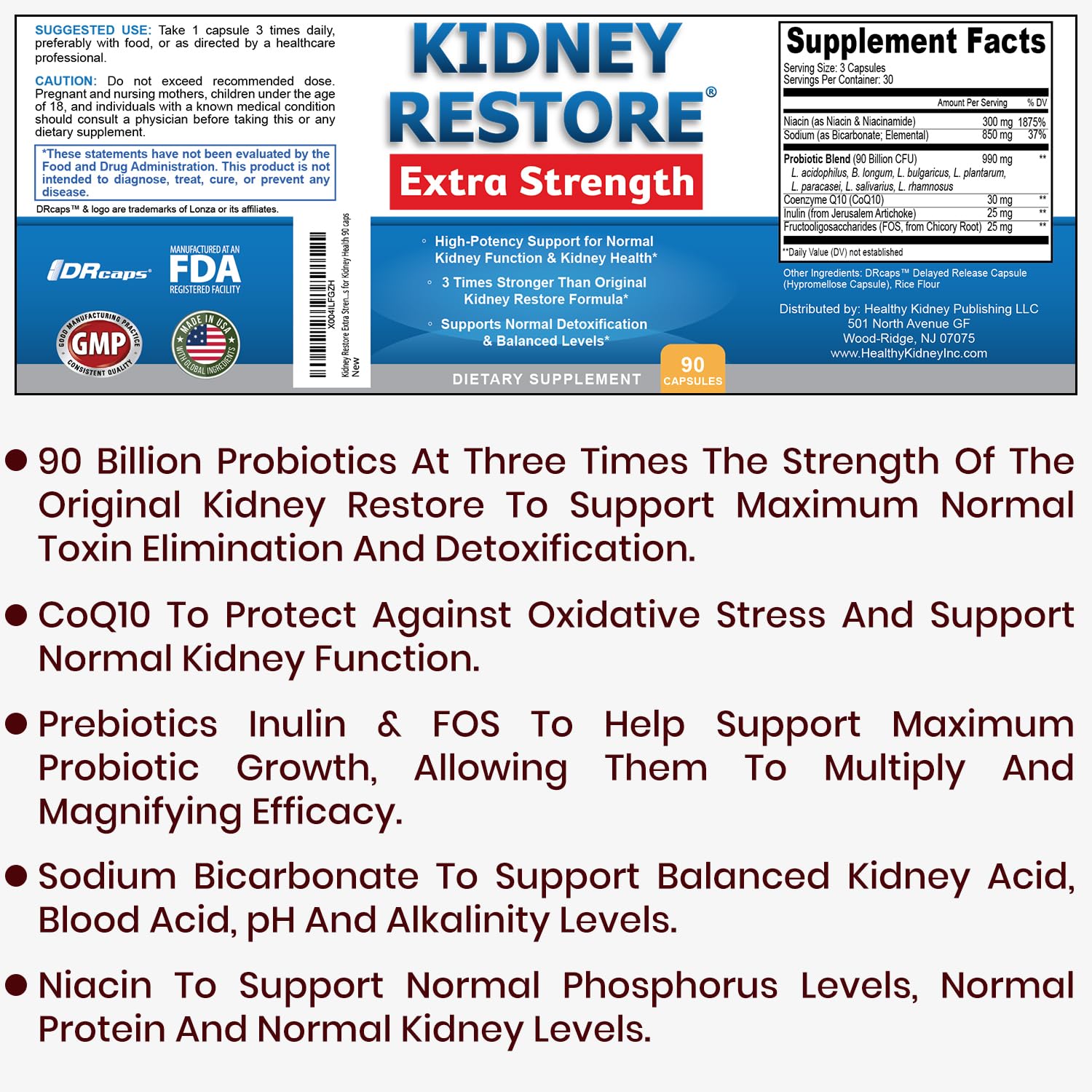 Kidney Restore bottle back label details ingredients and dosage for clarity.