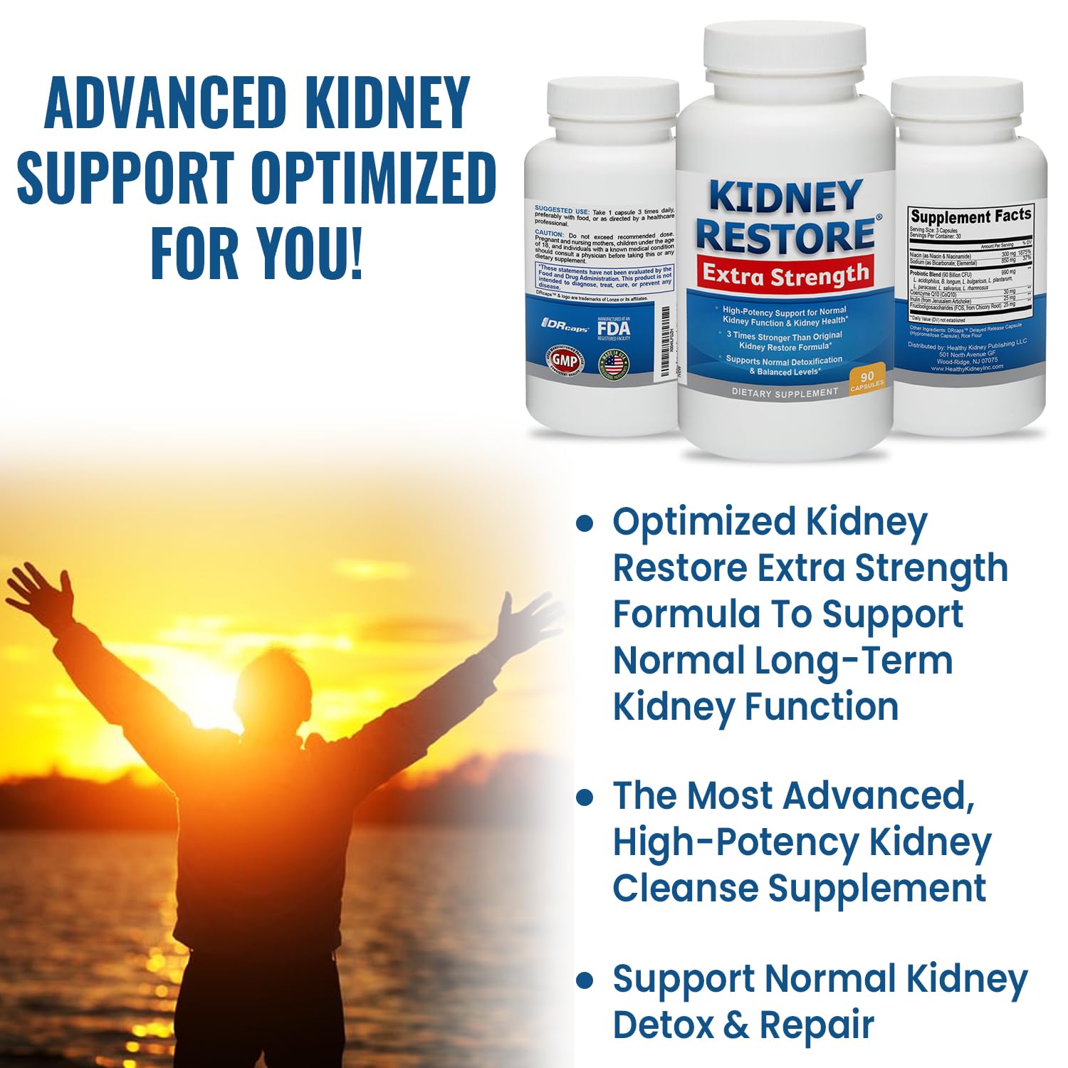 Kidney Restore bottle beside a glass of water for daily routine.