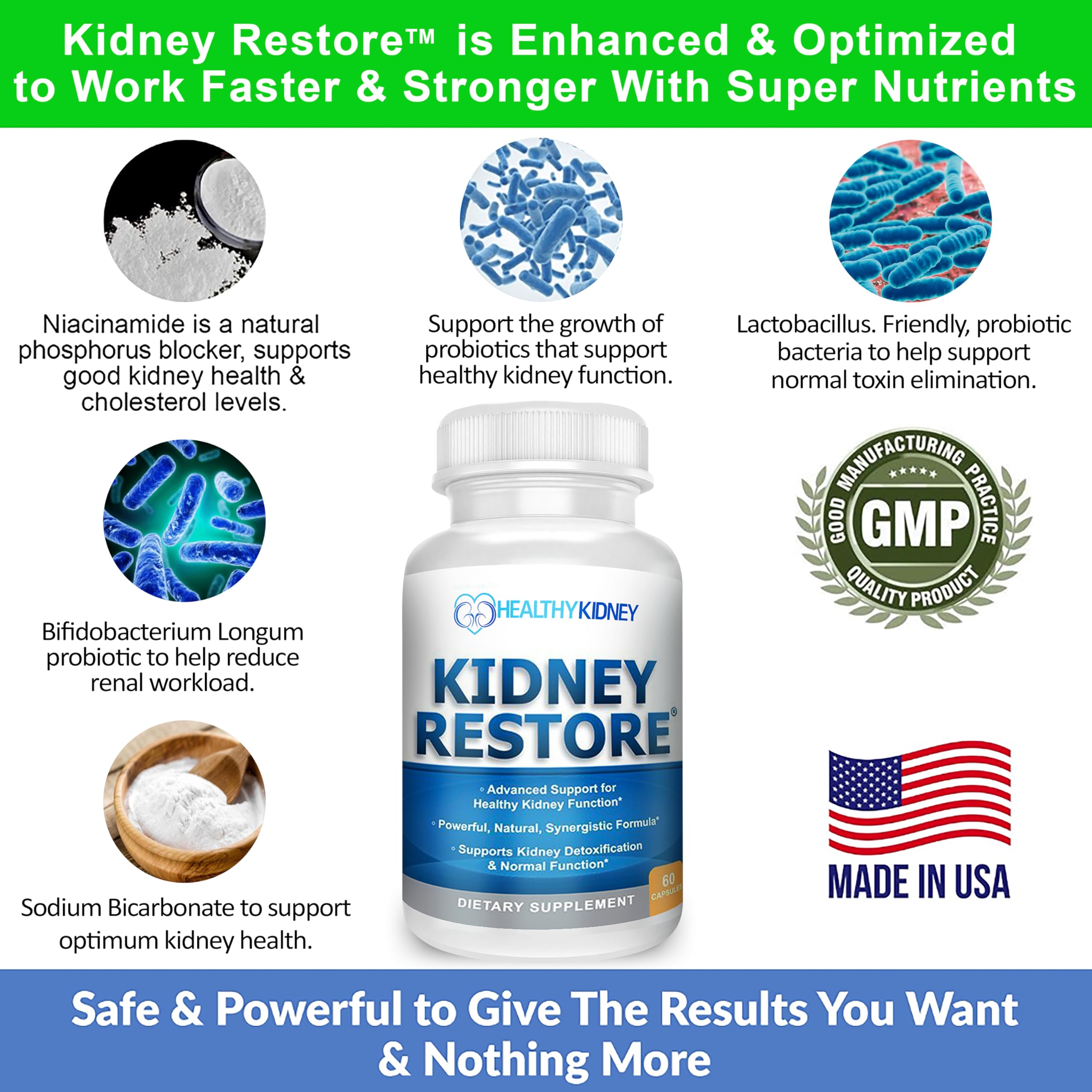 Kidney Restore delayed-release sodium bicarbonate image indicating acid balance and detox support.