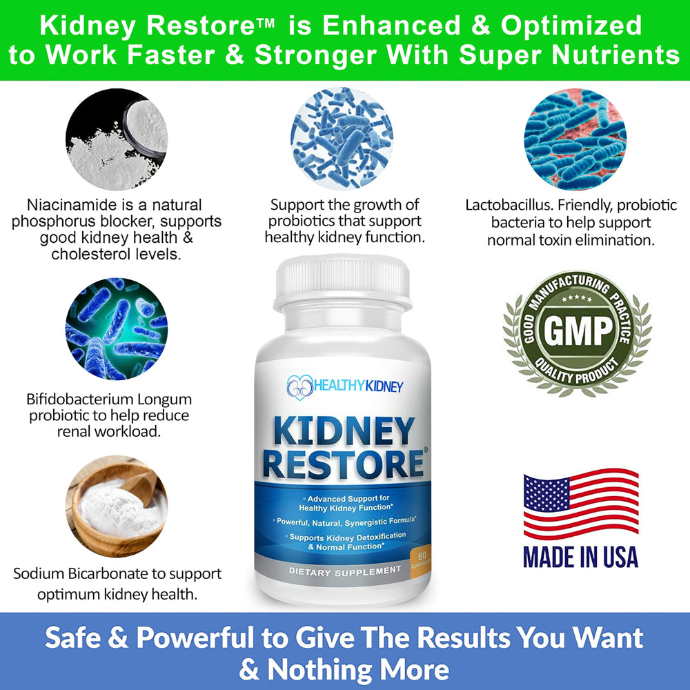 Kidney Restore delayed-release sodium bicarbonate image indicating acid balance and detox support.