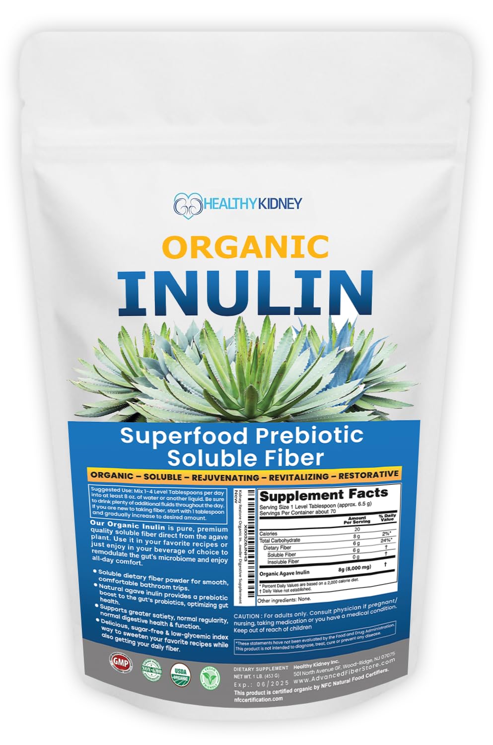 Kidney Restore Organic Inulin Powder jar on shelf highlighting pure, additive-free fiber for daily use.