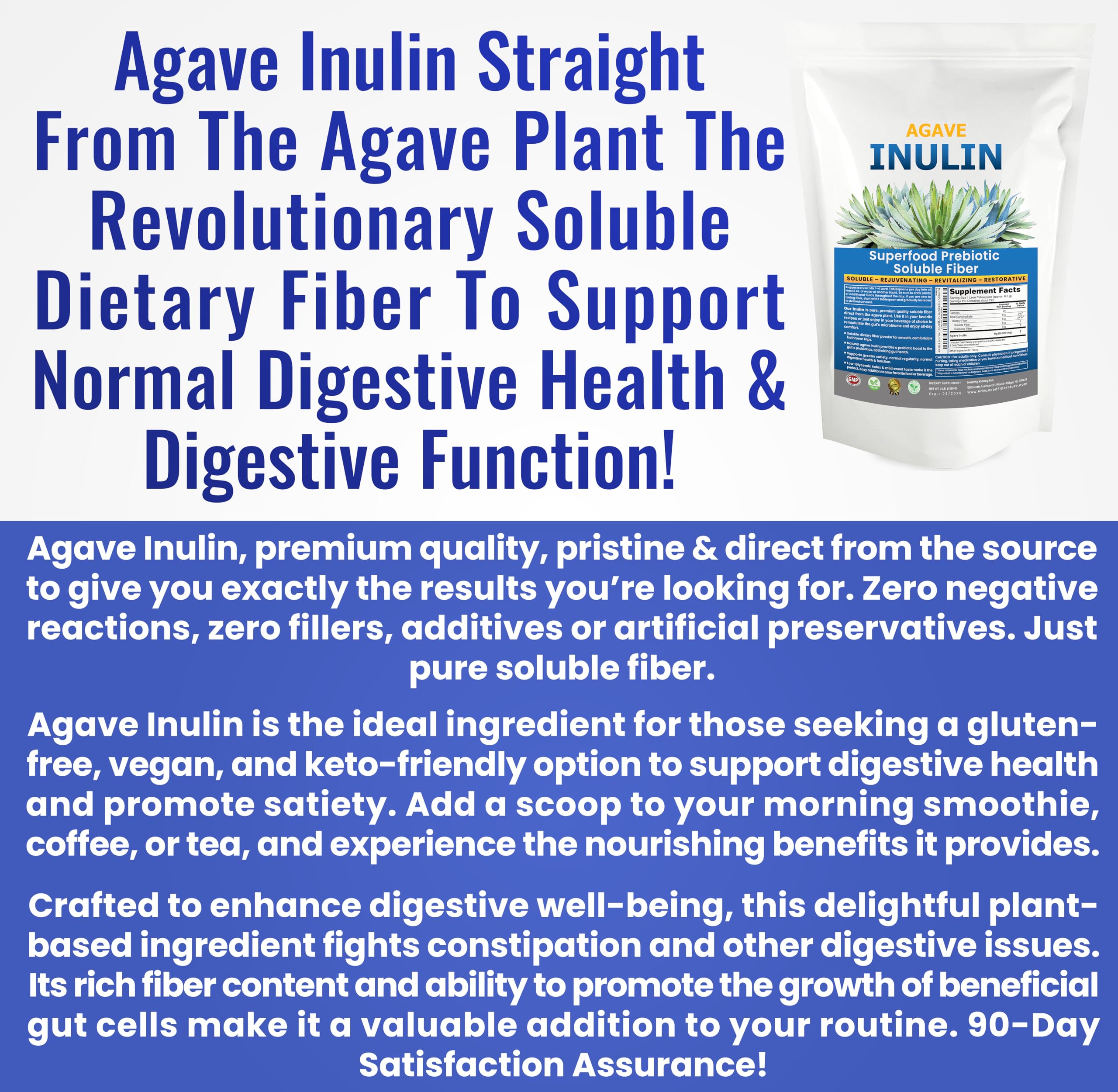 Kidney Restore Organic Inulin Powder label underscores 100% pure agave inulin.