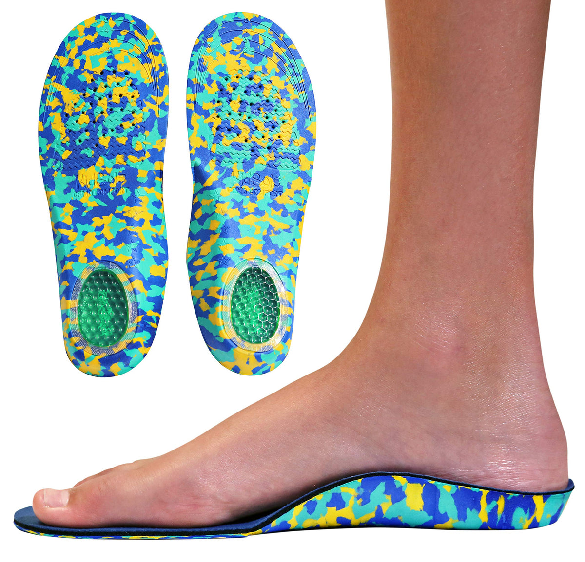 KidSole Camo Comfort insoles side view for kids' footwear with enhanced arch support