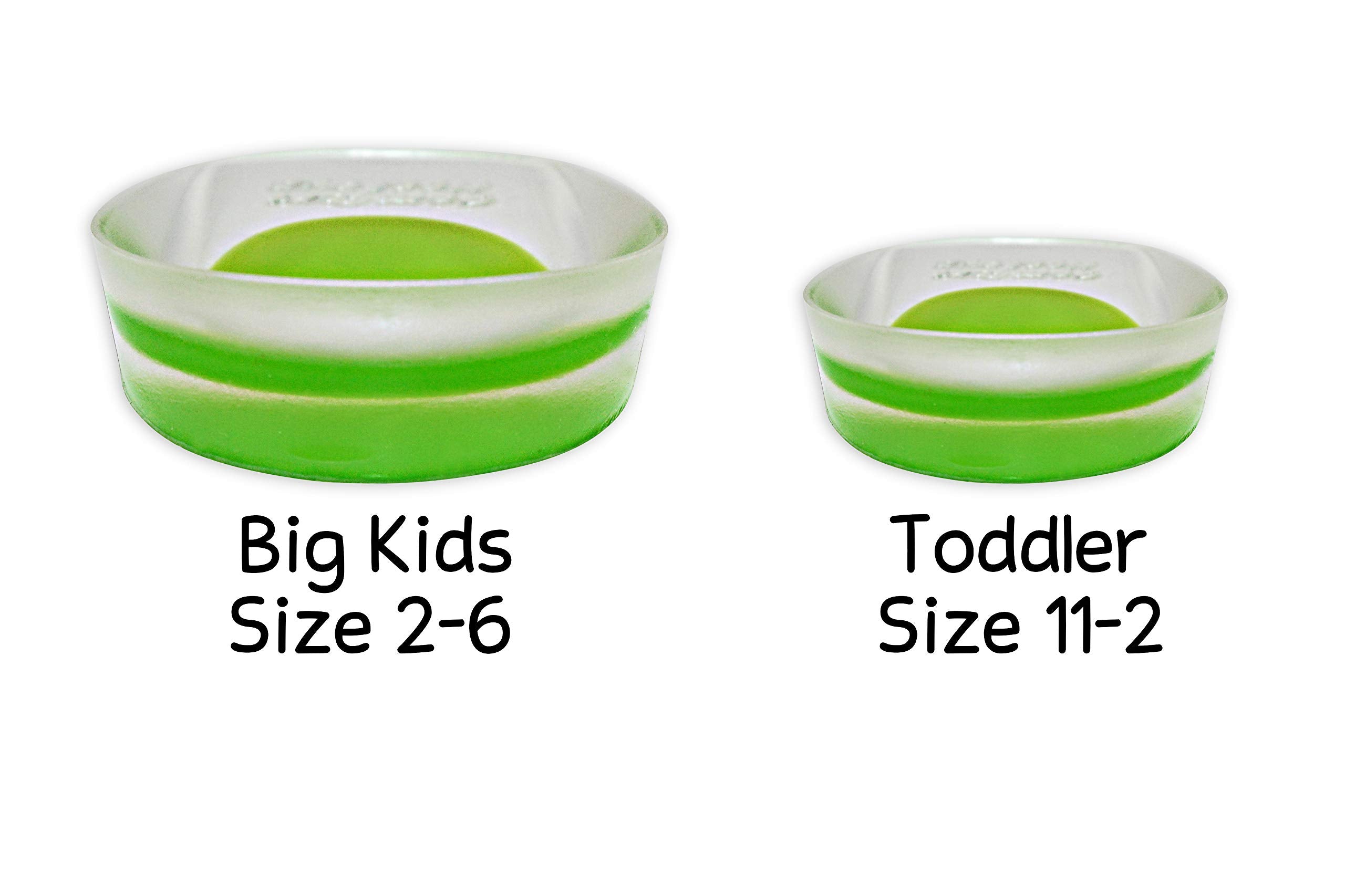 KidSole green heel cups inside a shoe illustrating fit for kids 3-6.