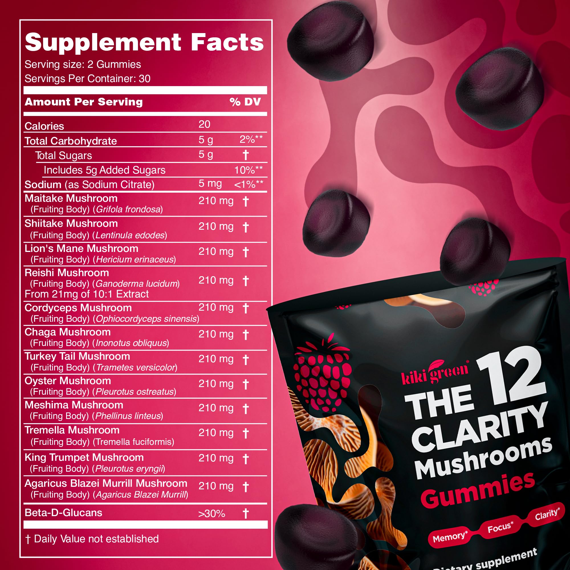 KIKI Green gummies ingredients label emphasizes twelve mushrooms for holistic support.