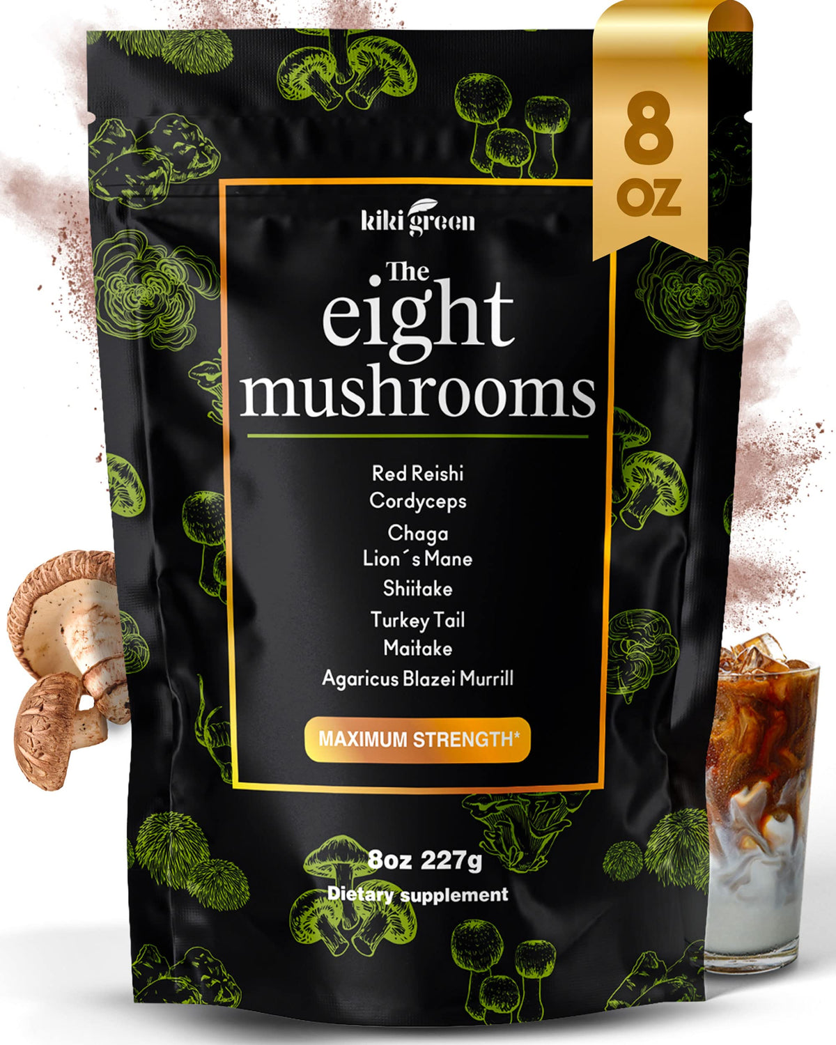 KIKI Green 8 Mushrooms bottle shows an earthy, balanced blend for daily energy routines.