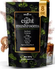 KIKI Green 8 Mushrooms bottle shows an earthy, balanced blend for daily energy routines.