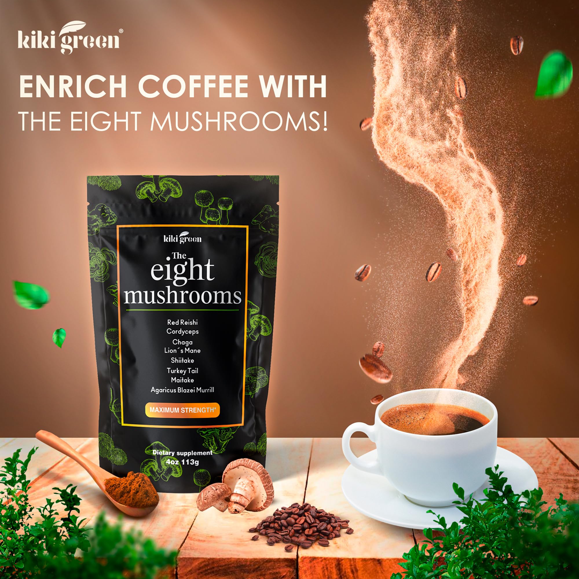 KIKI Green 8 Mushroom powder added to smoothie for earthy flavor.