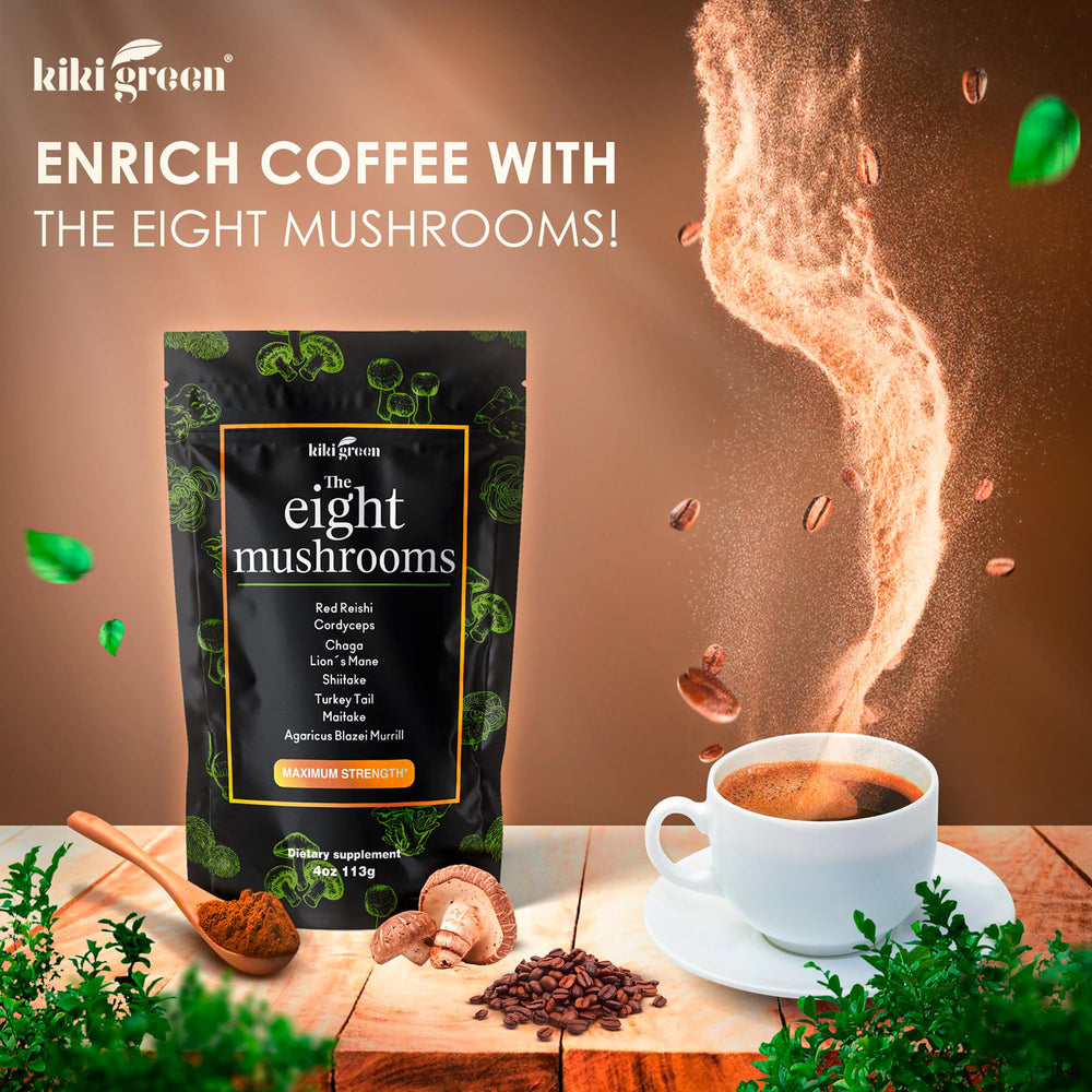 KIKI Green 8 Mushroom powder added to smoothie for earthy flavor.