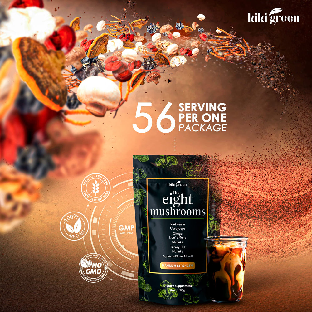 KIKI Green 8 Mushroom powder close-up showing premium manufacturing standards.
