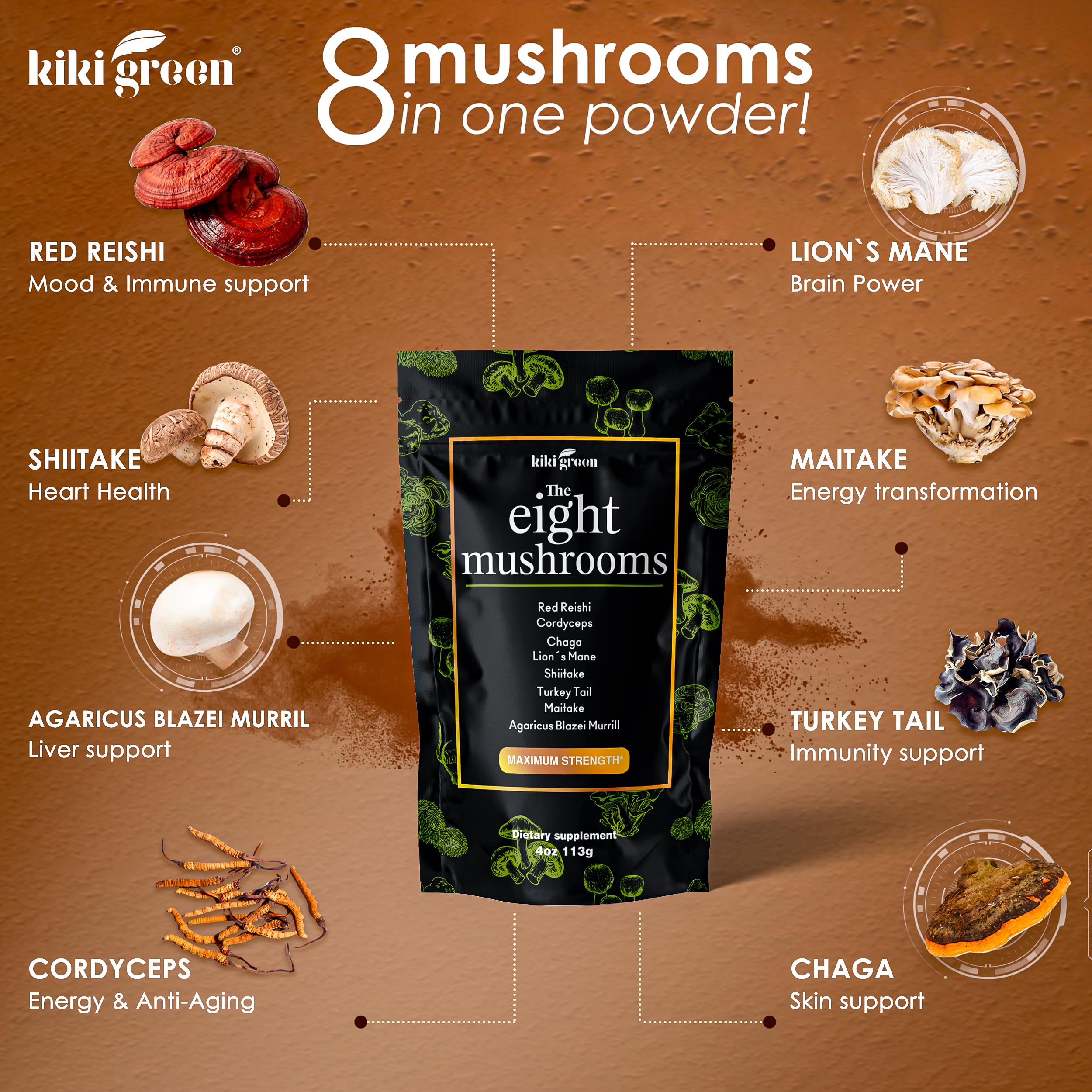 KIKI Green 8 Mushroom powder measuring scoop ready for daily use.