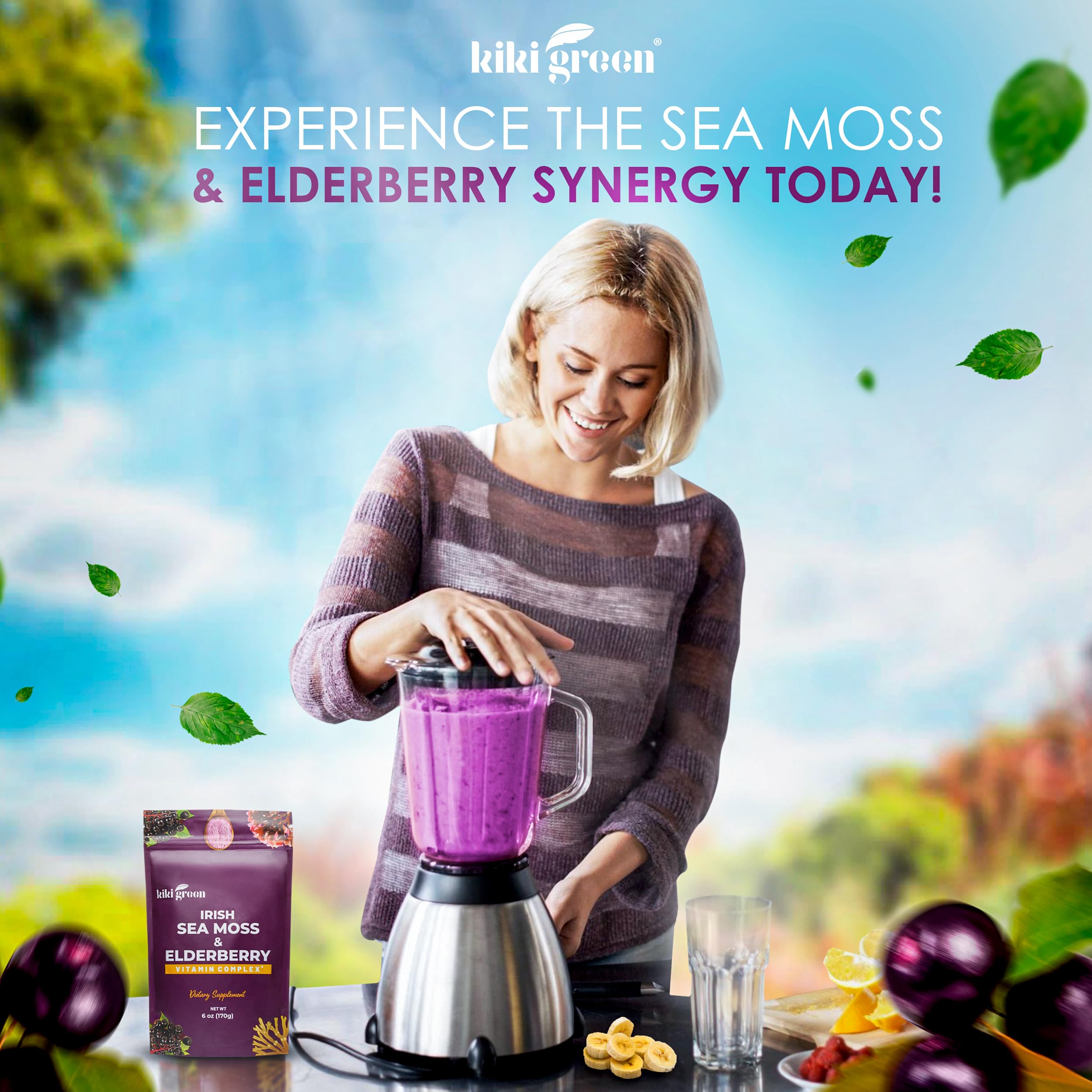 KIKI Green elderberry sea moss powder ready to blend into juice.