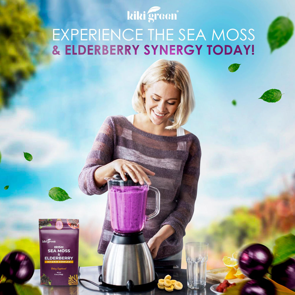 KIKI Green elderberry sea moss powder ready to blend into juice.