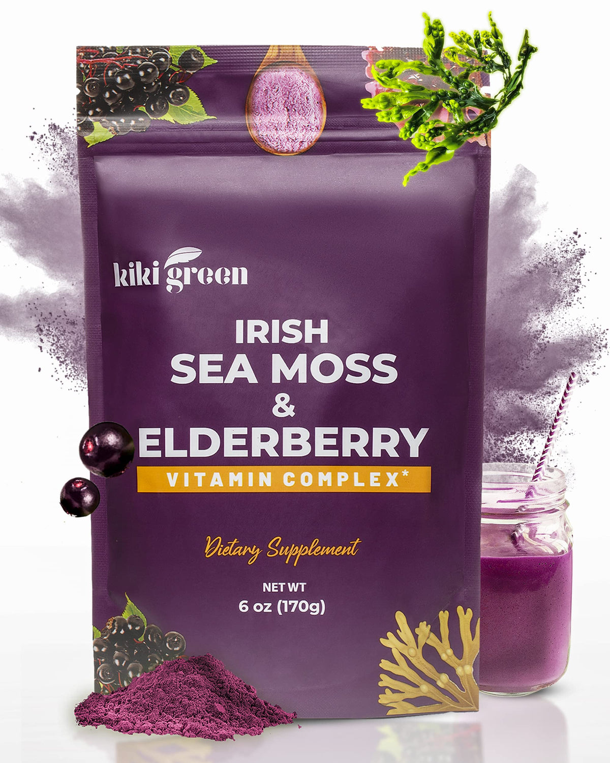 KIKI Green sea moss powder with elderberry bottle for daily immune support.