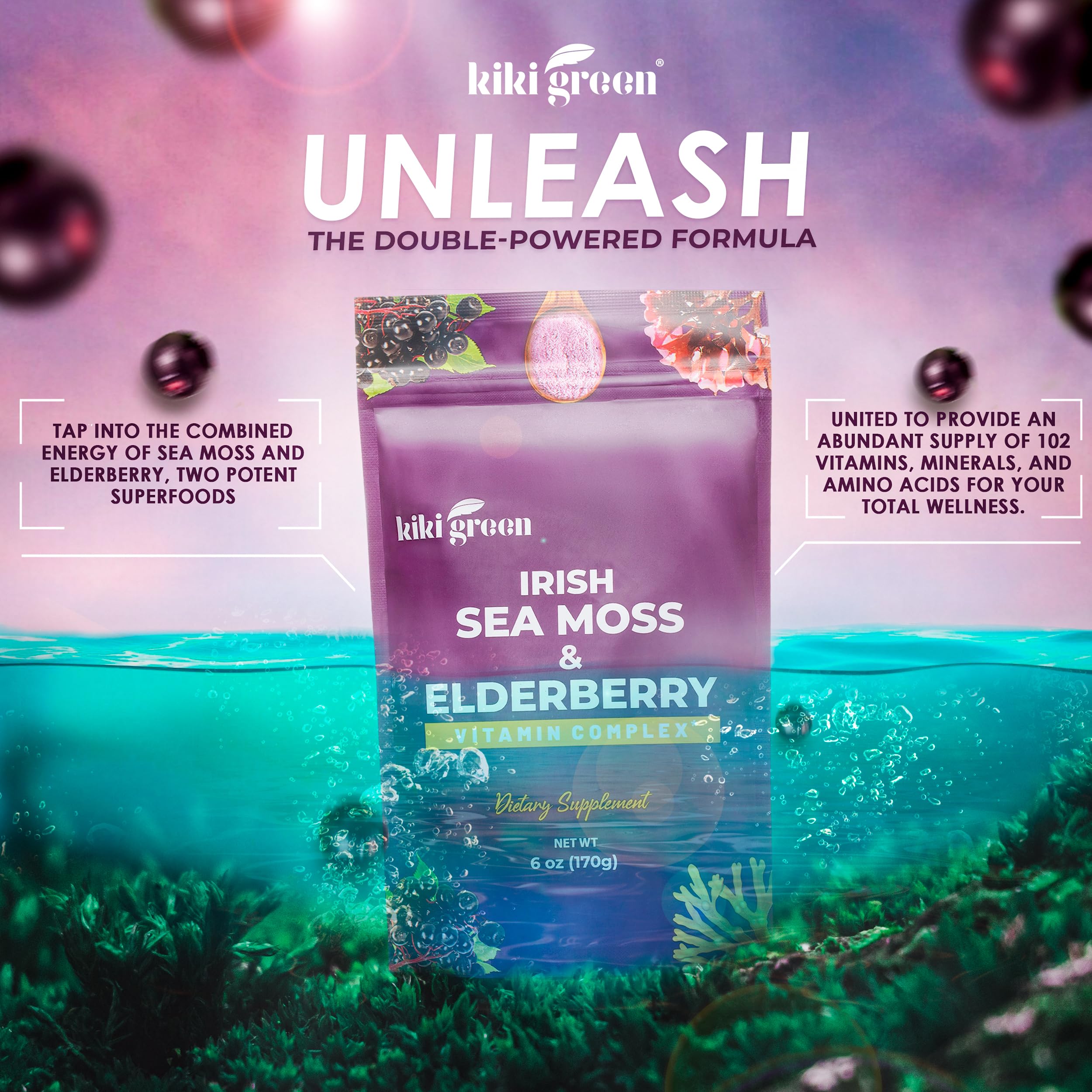 KIKI Green elderberry sea moss powder close-up highlighting texture for smoothies.