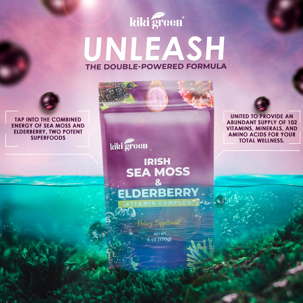 KIKI Green elderberry sea moss powder close-up highlighting texture for smoothies.