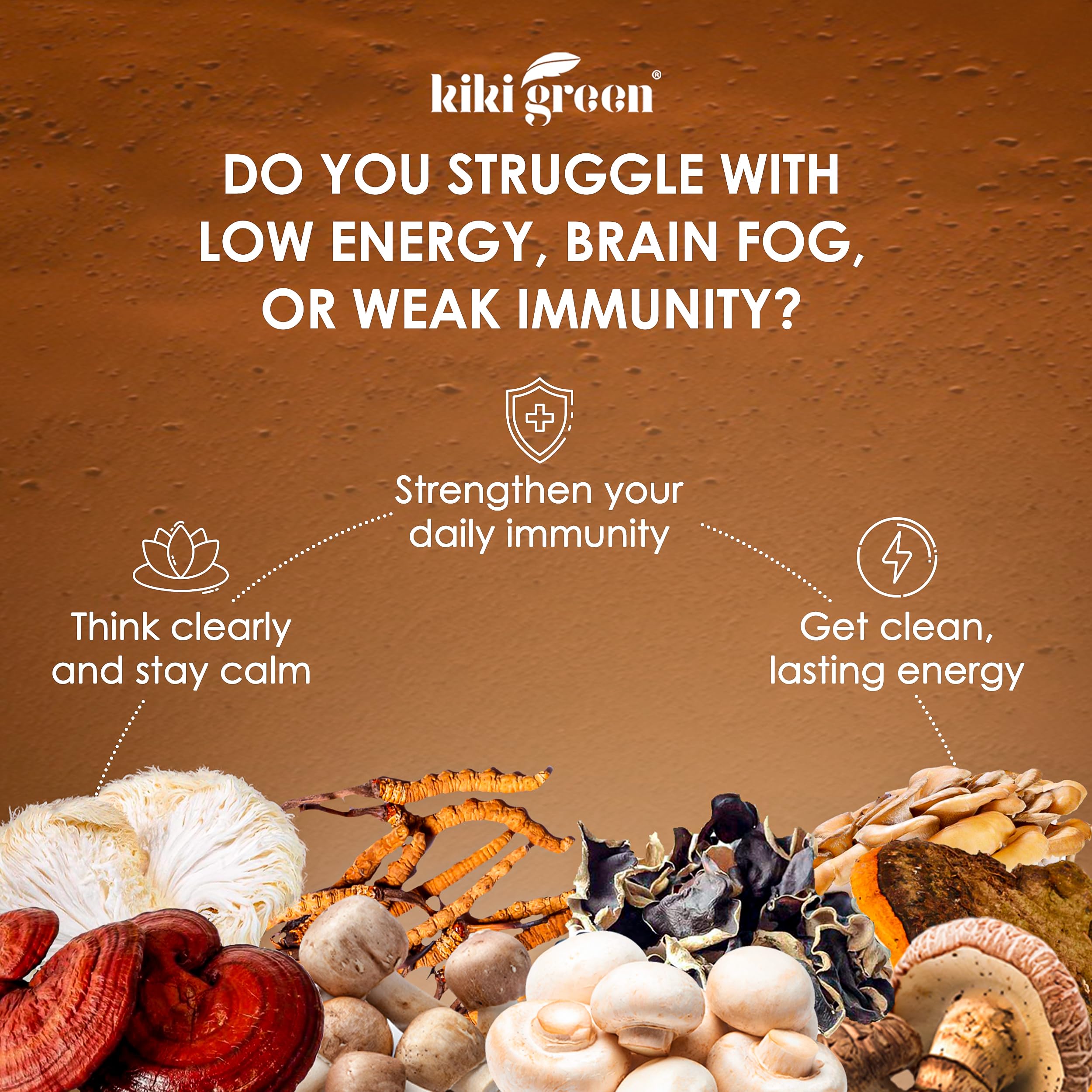 KIKI Green shiitake powder jar ideal for savory meals and beverages.