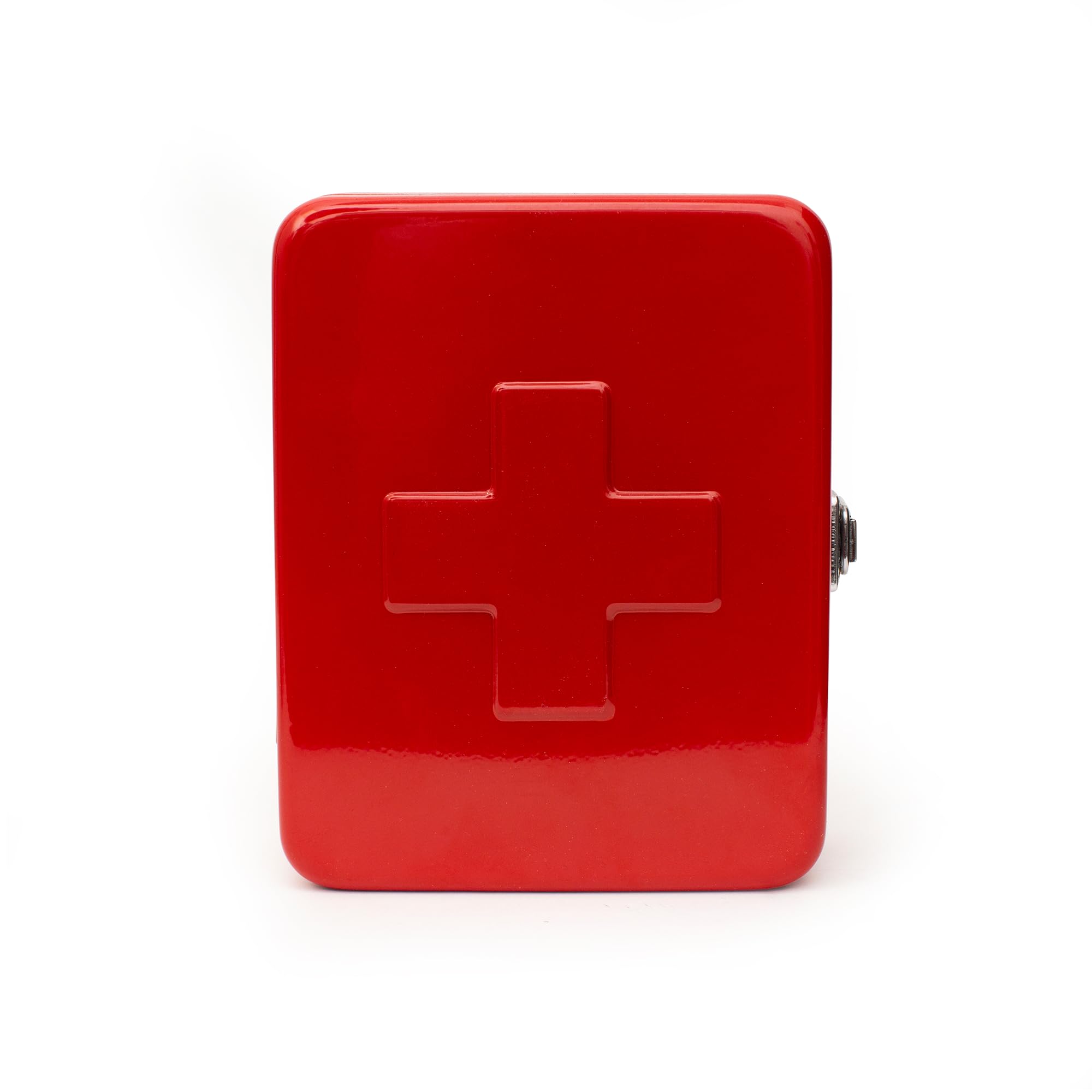Kikkerland red steel first aid case closed, compact and sturdy for home use.