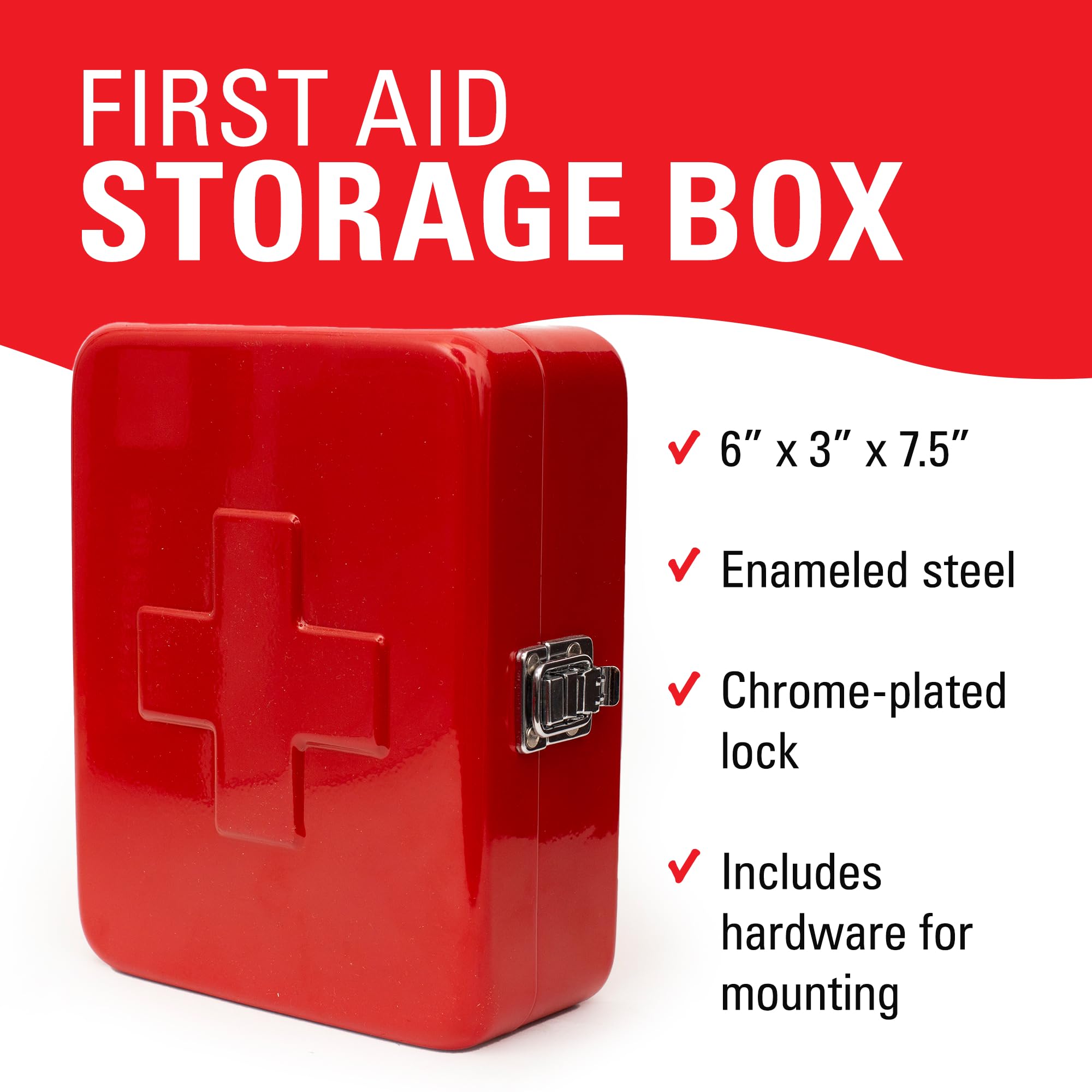 Kikkerland red steel first aid case open, reveals internal dividers for organization.