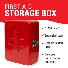 Kikkerland red steel first aid case open, reveals internal dividers for organization.