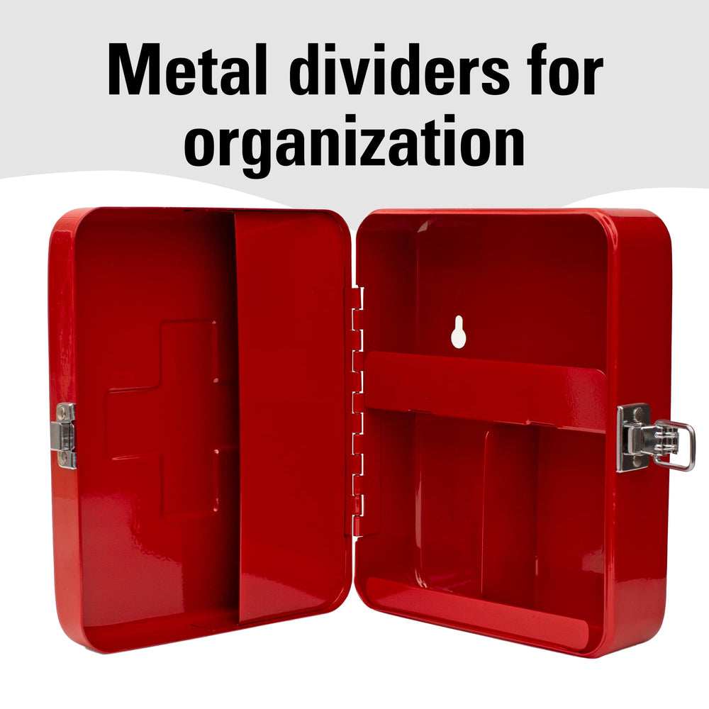 Kikkerland steel first aid case with chrome lock, secure storage for supplies.