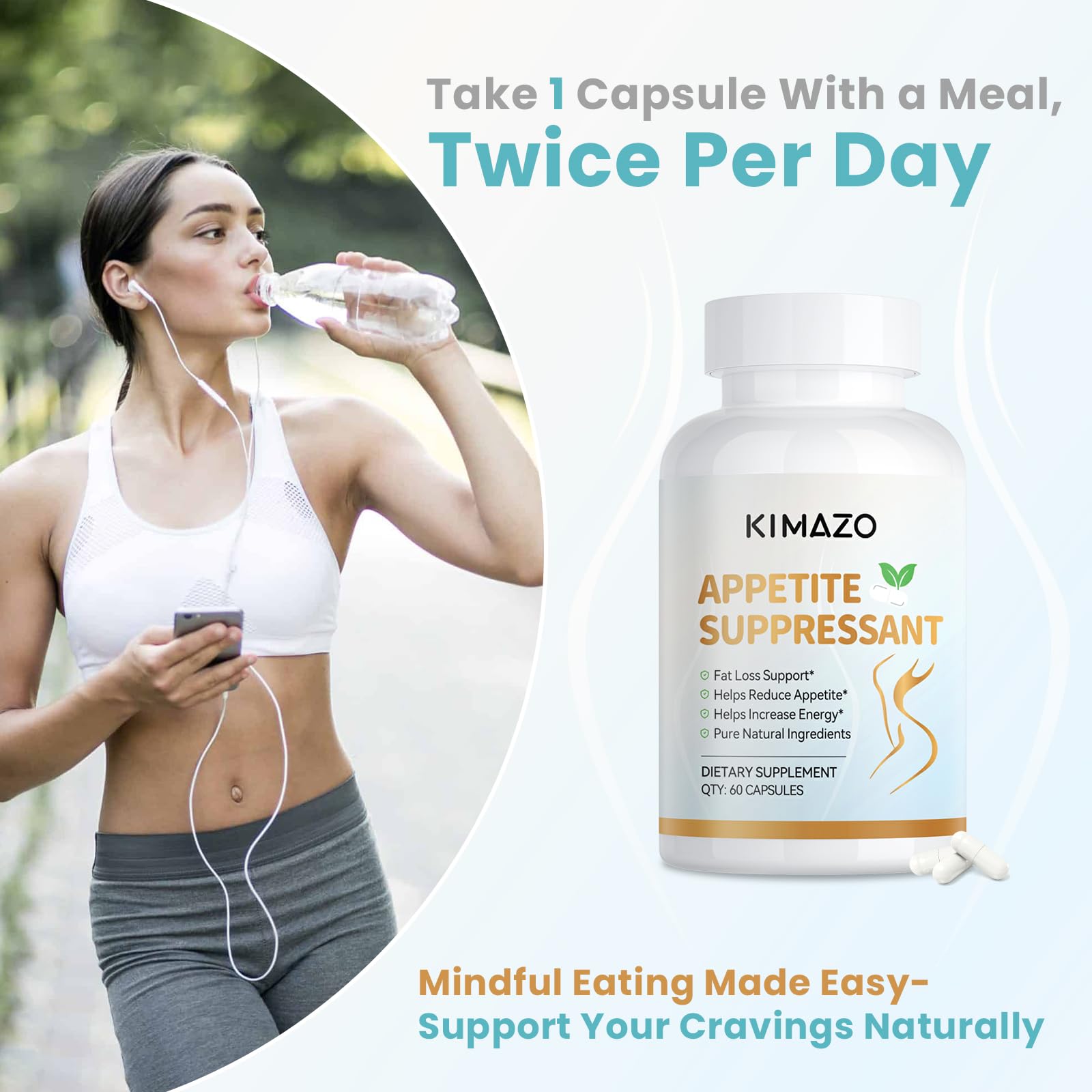 KIMAZO bottle packaging display featuring 60 capsules for ongoing weight management.