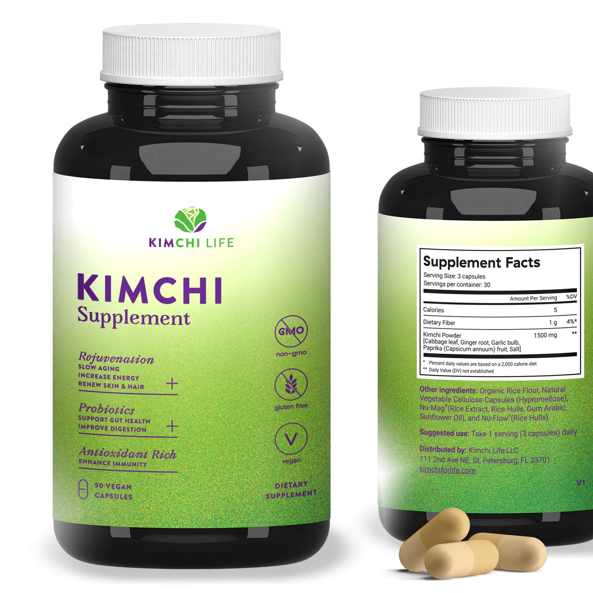 Kimchi Life bottle front shows the vegan probiotic capsule packaging for daily wellness.