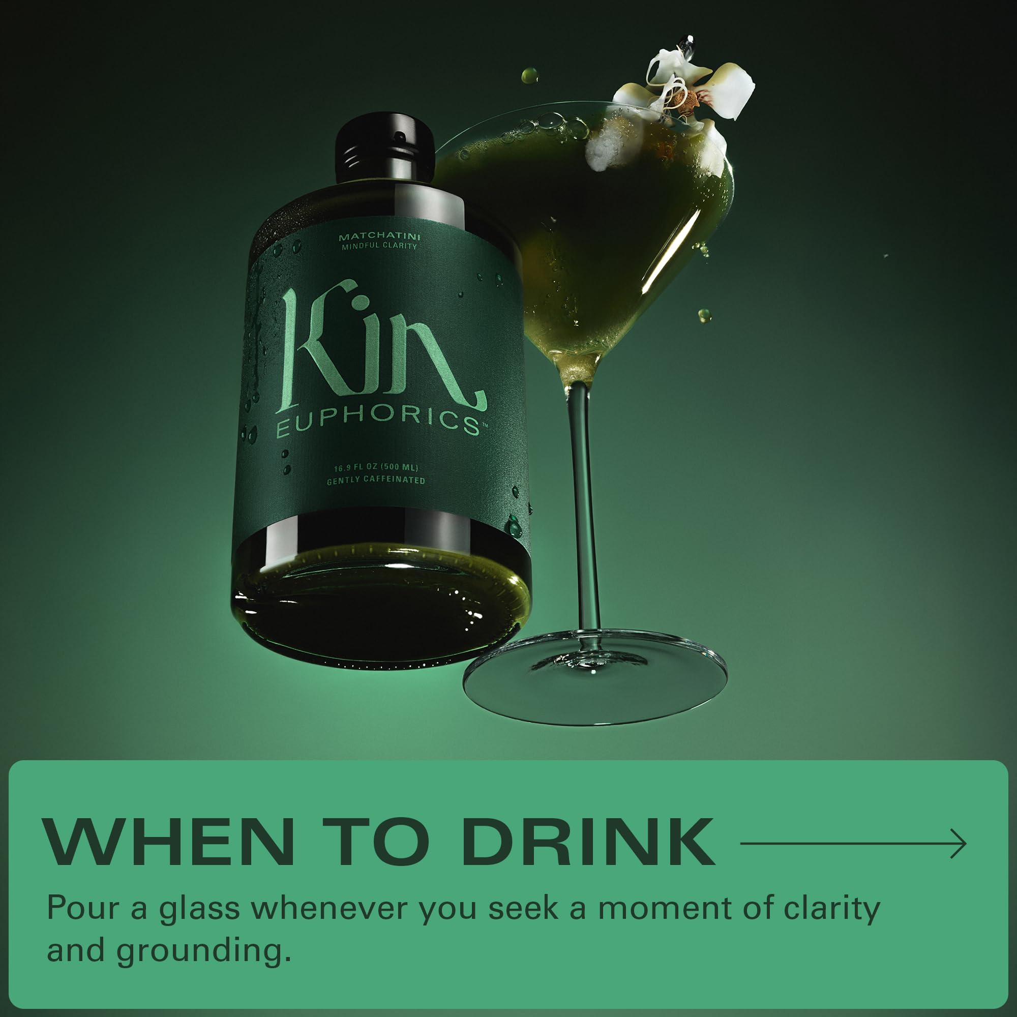 Kin Euphorics Matchatini bottle-label detail emphasizes premium wellness design