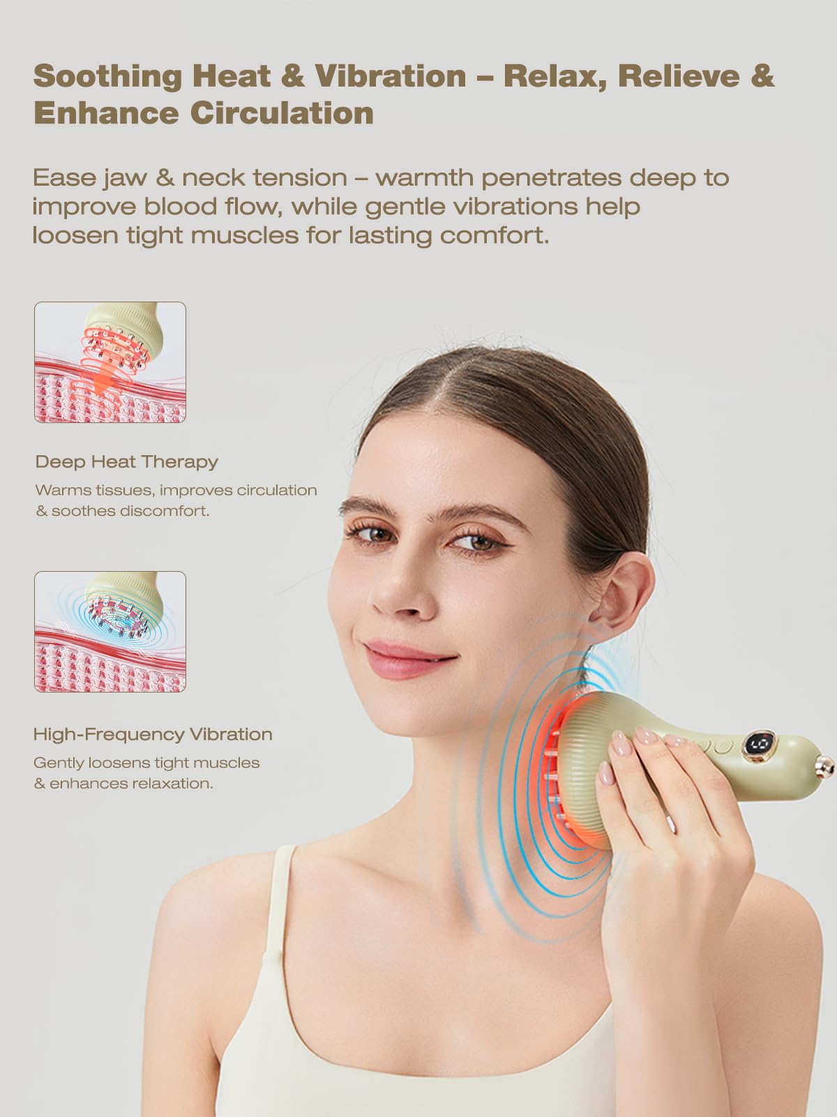 Kinbana massager used on neck and shoulders for full-body reach