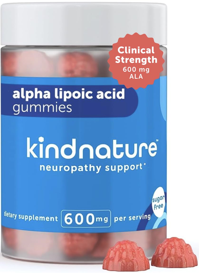 KindNature Alpha Lipoic Acid Gummies bottle highlighting 600 mg per serving for daily support.