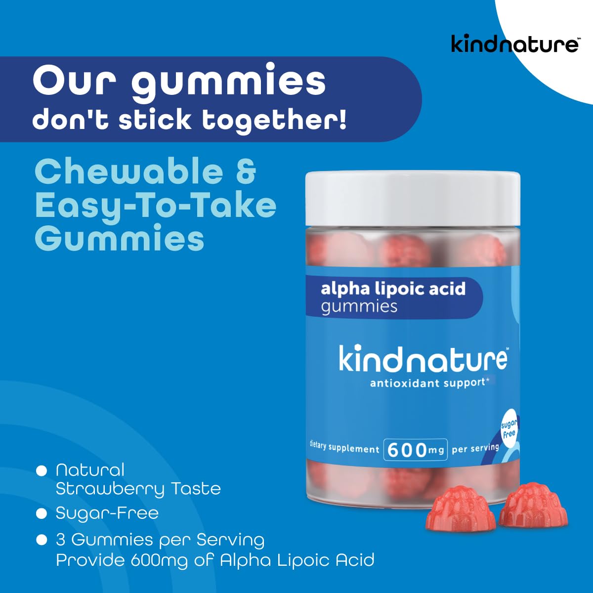 KindNature Alpha Lipoic Acid Gummies label showing vegan and non-GMO qualities.