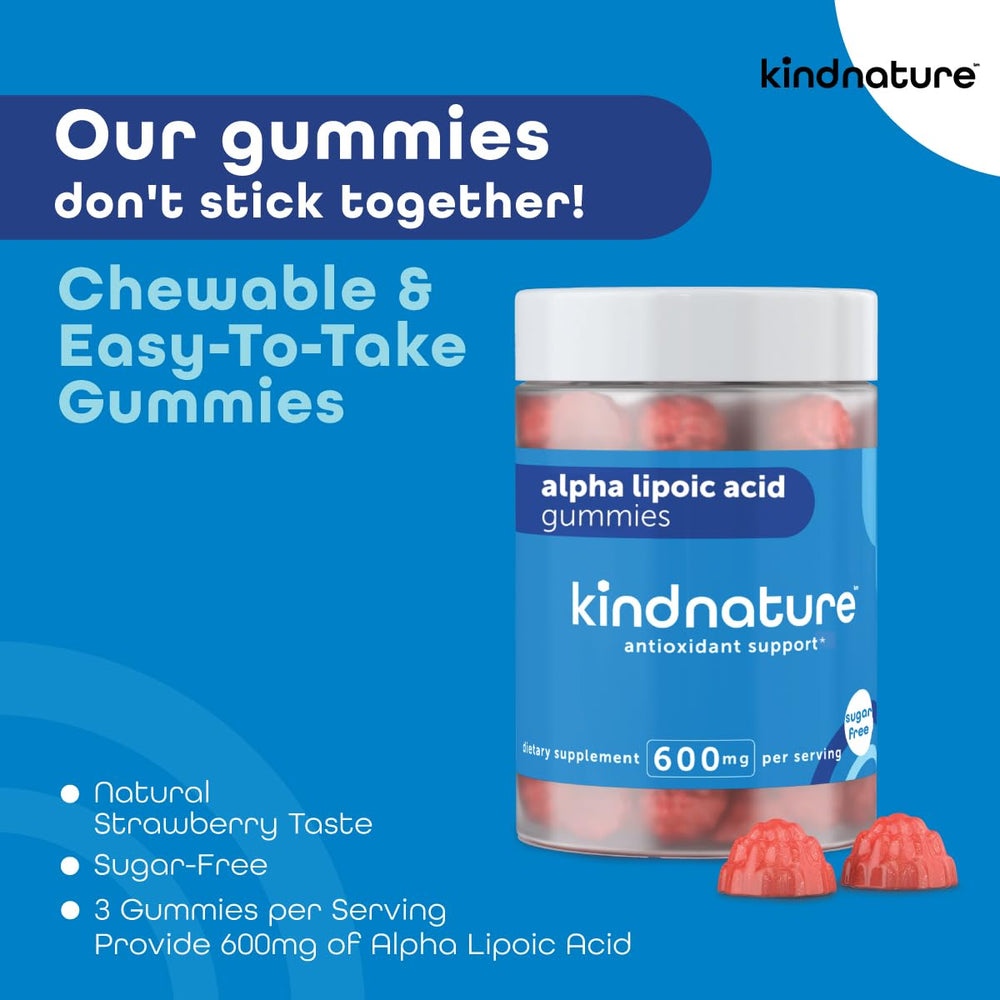 KindNature Alpha Lipoic Acid Gummies label showing vegan and non-GMO qualities.
