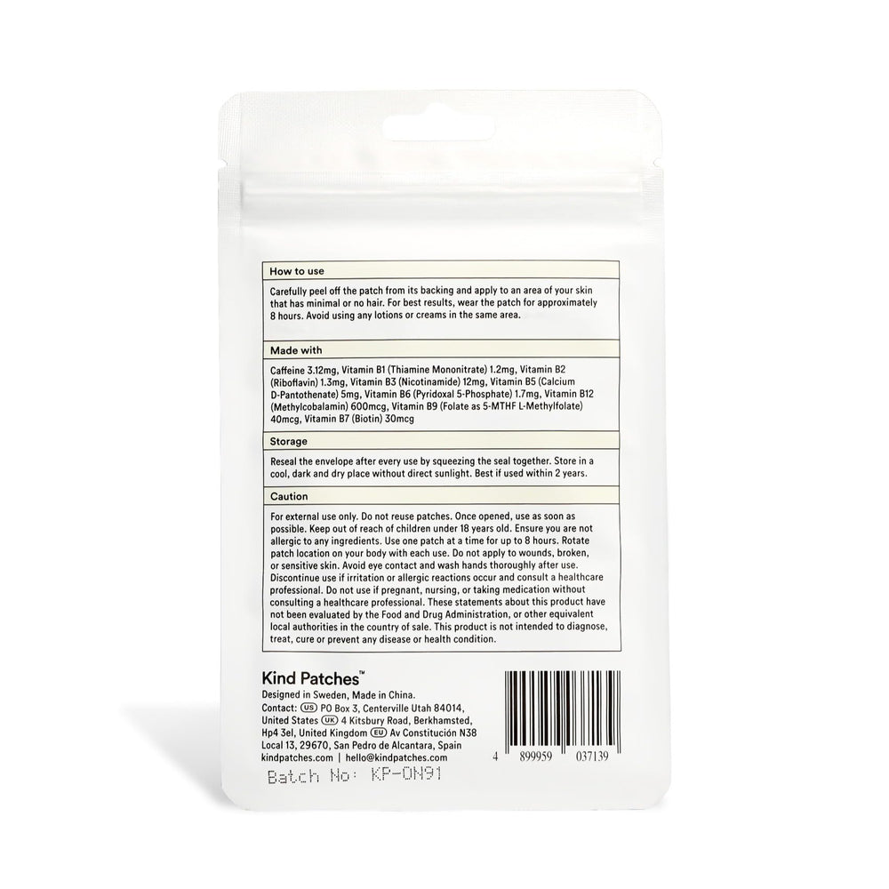 Kind Patches energy patch box-back shows 30-count supply.