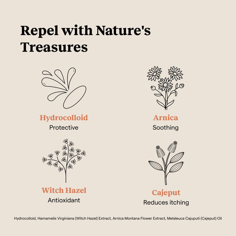 Kinfield hydrocolloid patch soothes skin with Arnica and Witch Hazel.