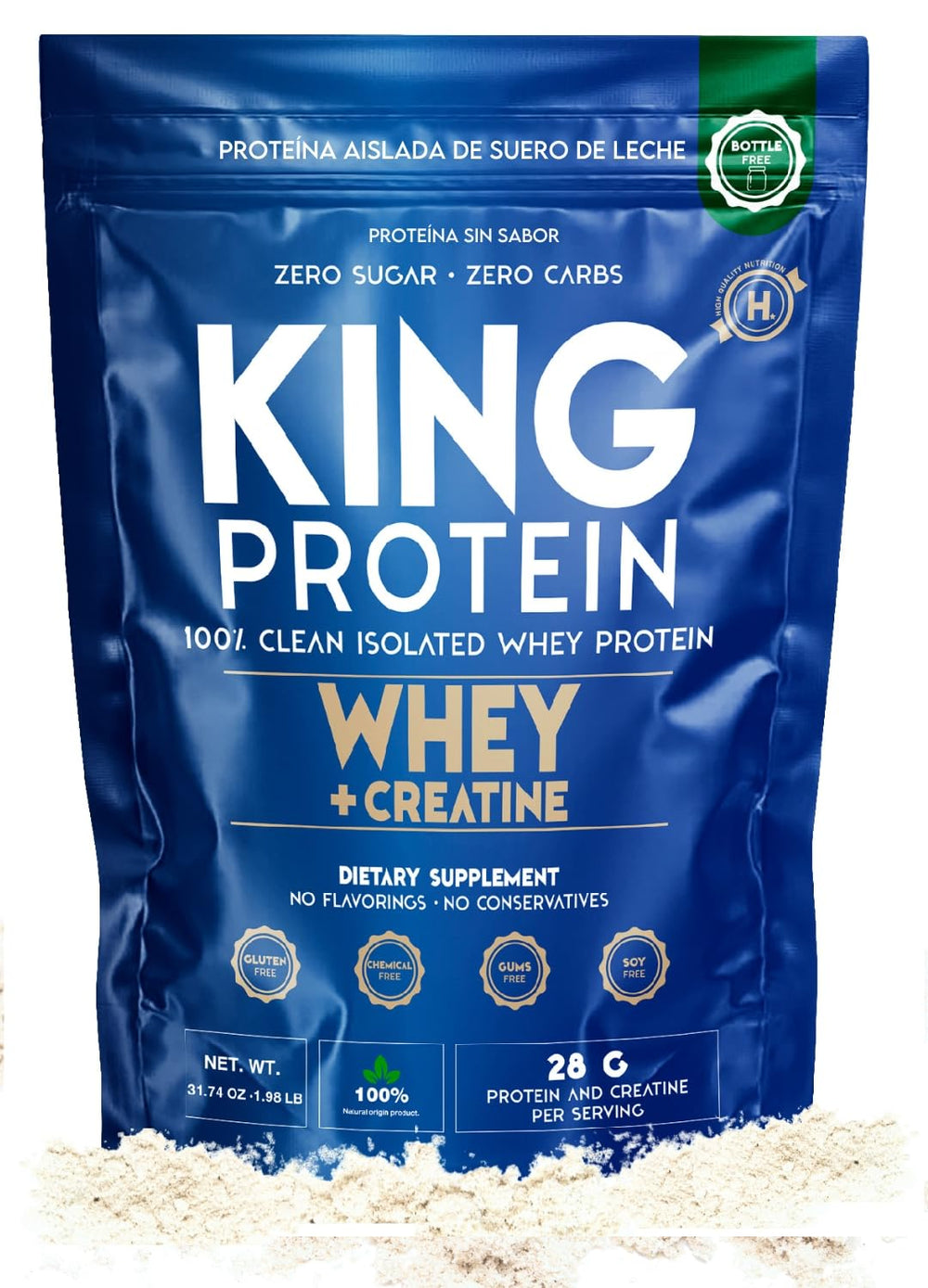 KING Protein Clean Unflavored Whey Isolate bottle pouring for lean muscle support