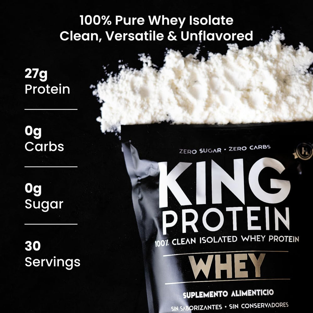 KING Protein Clean Whey Isolate measuring scoop highlights precise serving for lean workouts