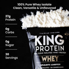 KING Protein Clean Whey Isolate measuring scoop highlights precise serving for lean workouts