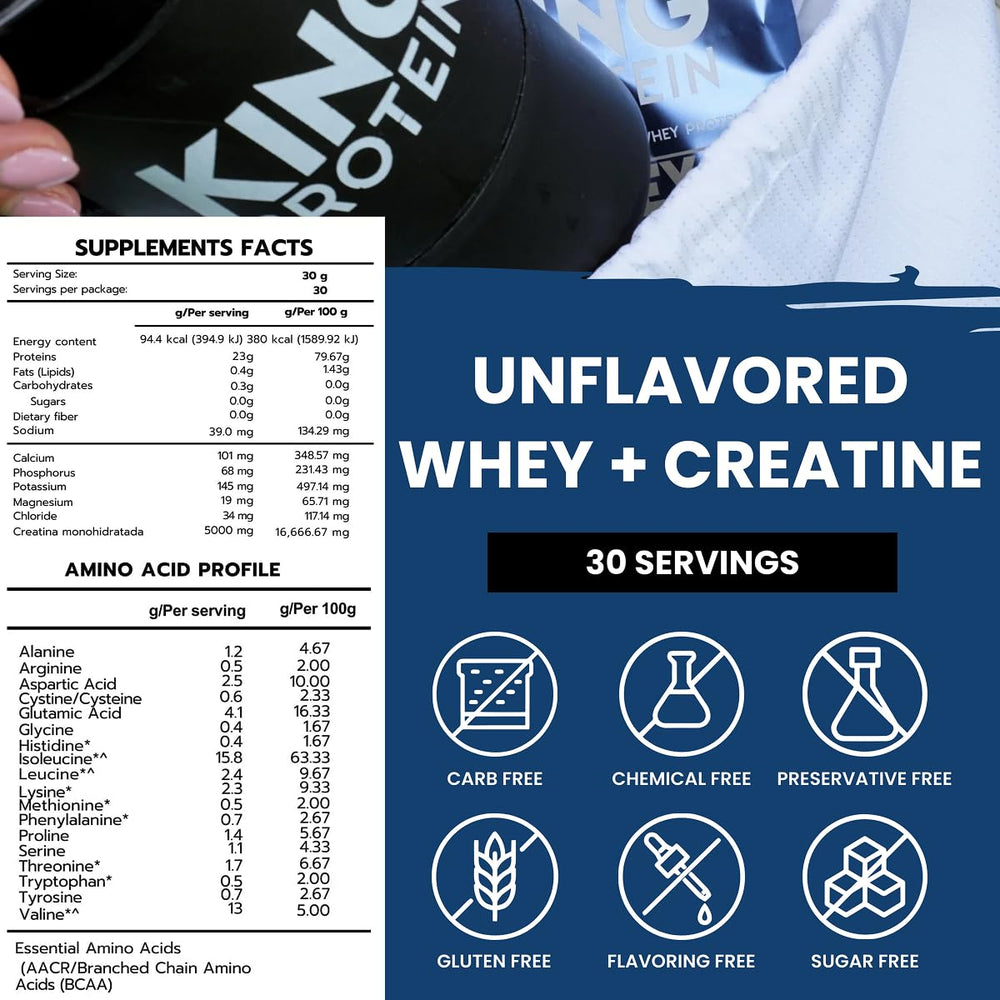 KING Protein Whey powder pouring into glass for a shake