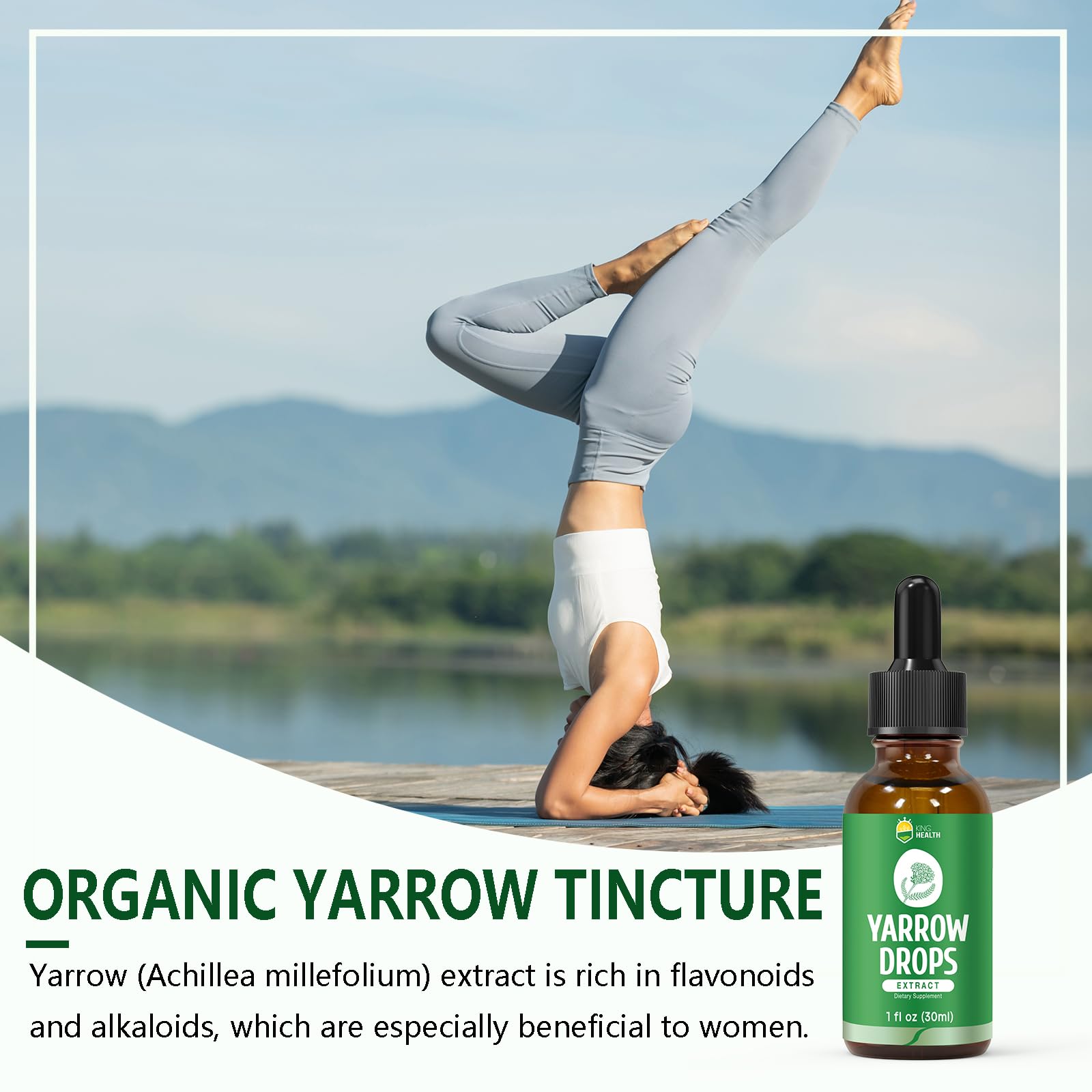 Close-up of KingHealth Yarrow tincture dropper and bottle for easy dosing