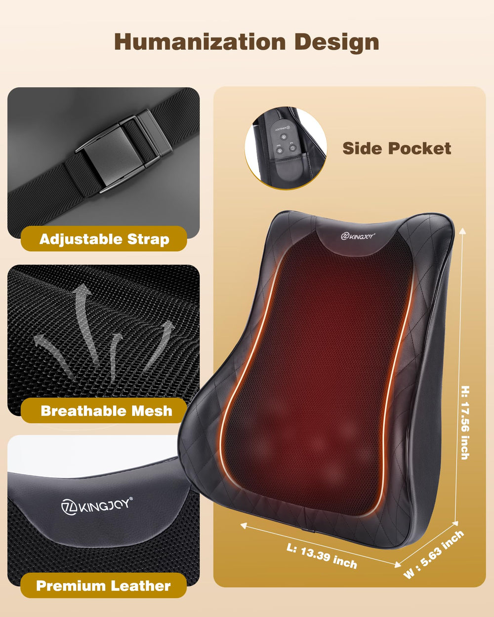 KINGJOY back massager side pocket keeps remote within reach.