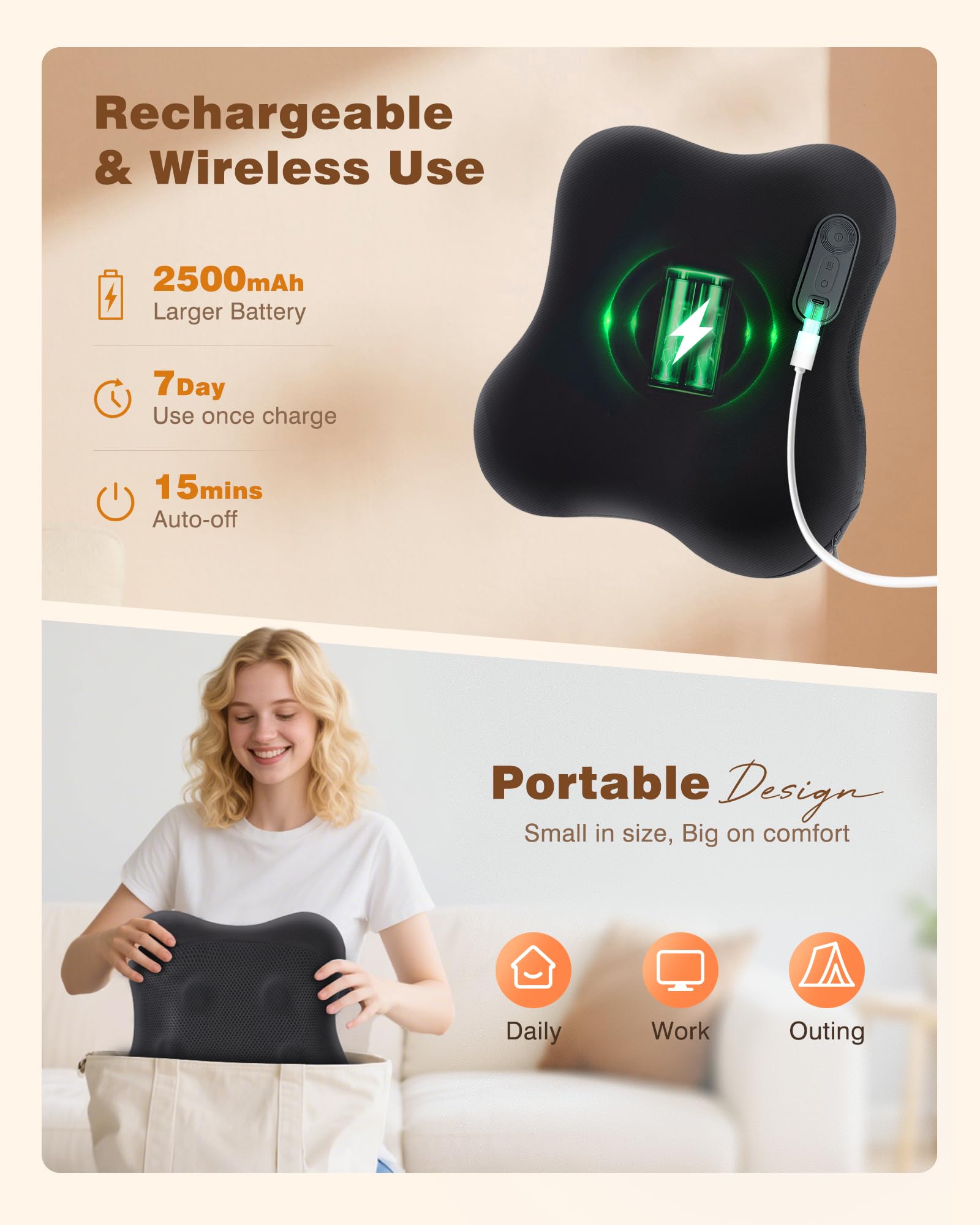 Kingjoy cordless massager with 2500mAh battery for flexible use anywhere.