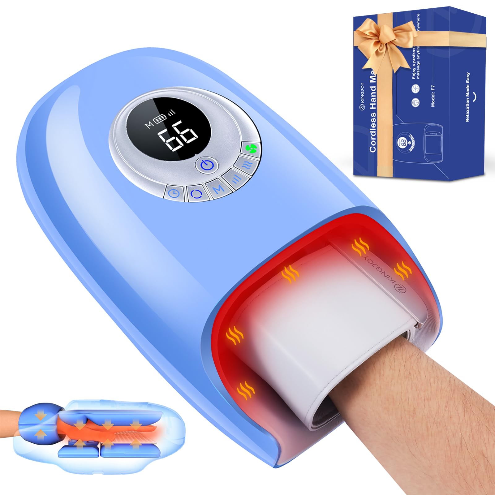 Kingjoy cordless hand massager front view for ergonomic relief and circulation.
