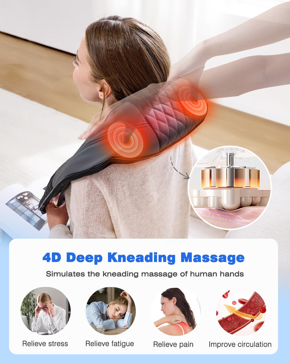 KINGJOY extended handheld strap enables easy, comfortable range for neck to leg massage.