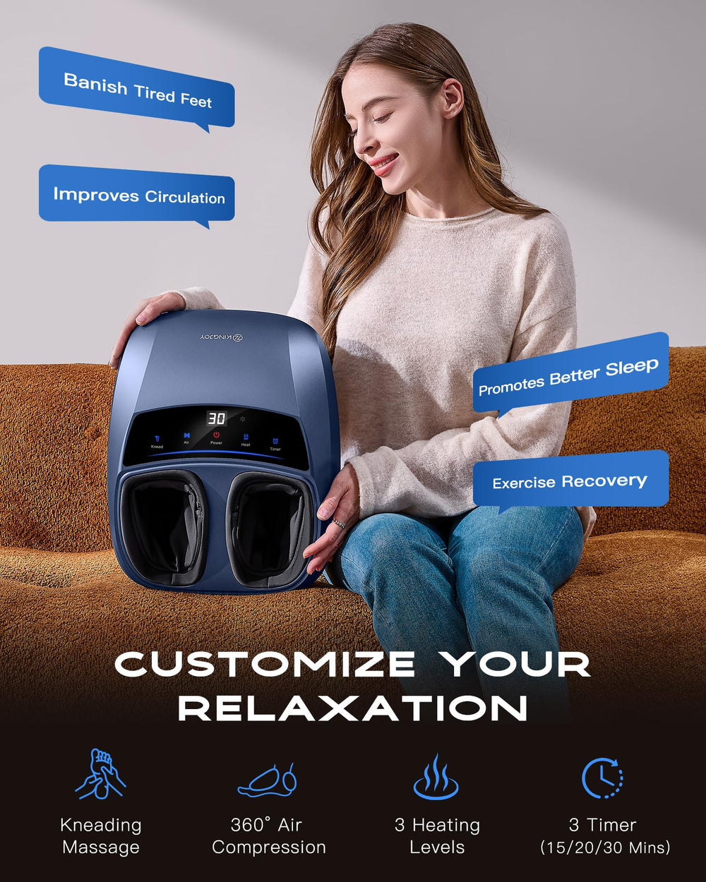 KINGJOY Foot Massager with Heat side view showing 3D rollers in action.