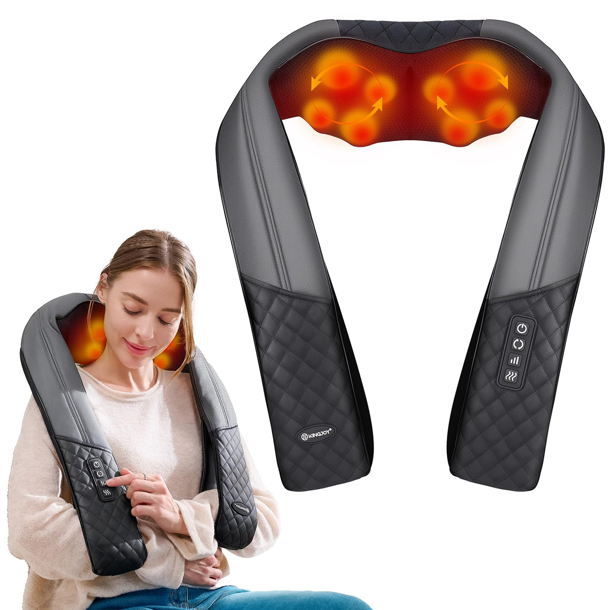 KINGJOY neck and shoulder massager worn in two ways for targeted neck relief.