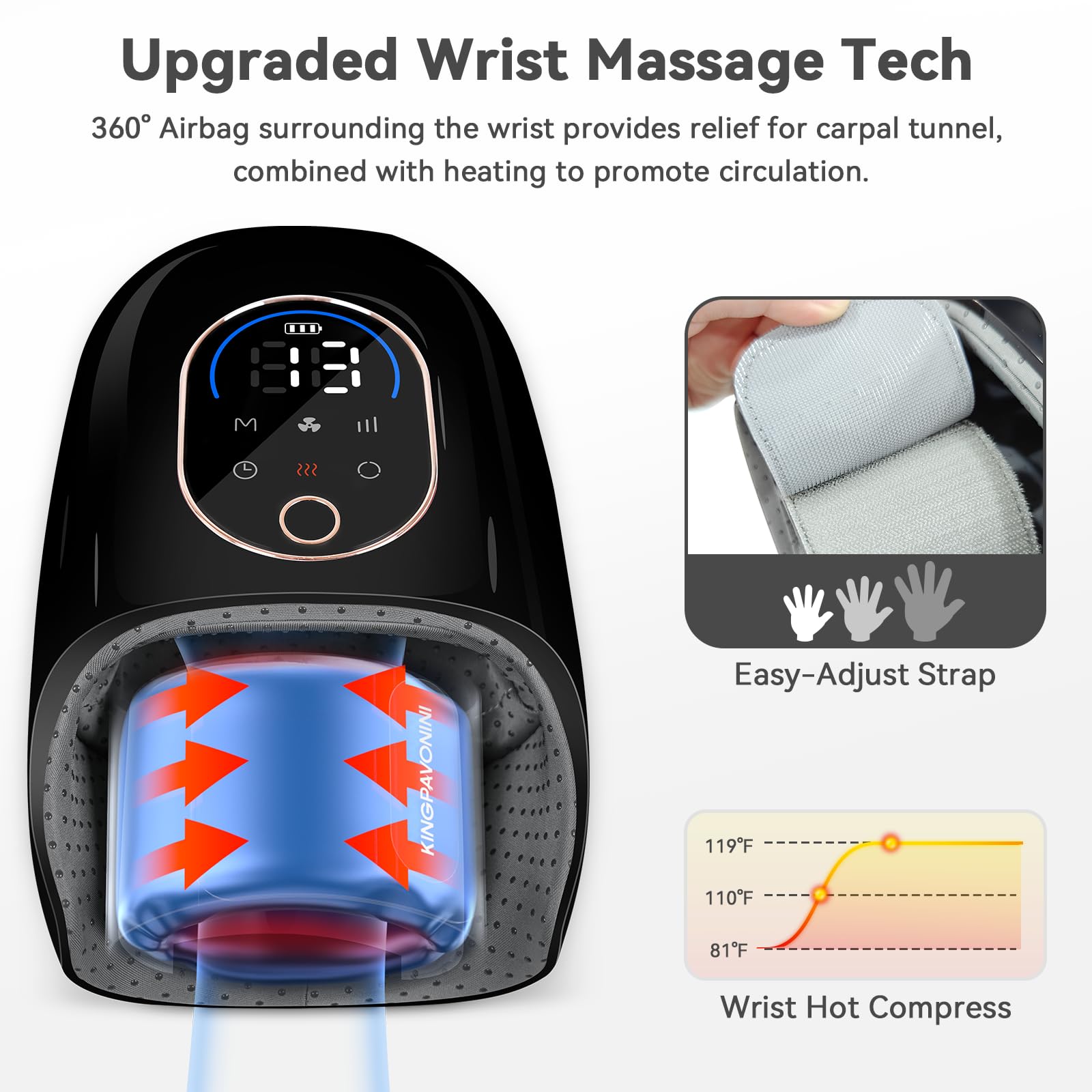 KingPavonini bi-directional rollers mimicking therapists' thumbs to ease palm tension.