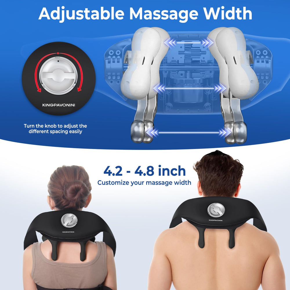 KingPavonini neck massager showing 5-zone heat for wider coverage.