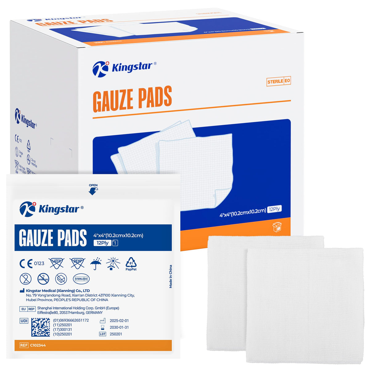 Kingstar sterile gauze pads 4x4 inch demonstrate 12-ply absorbency for wound dressing
