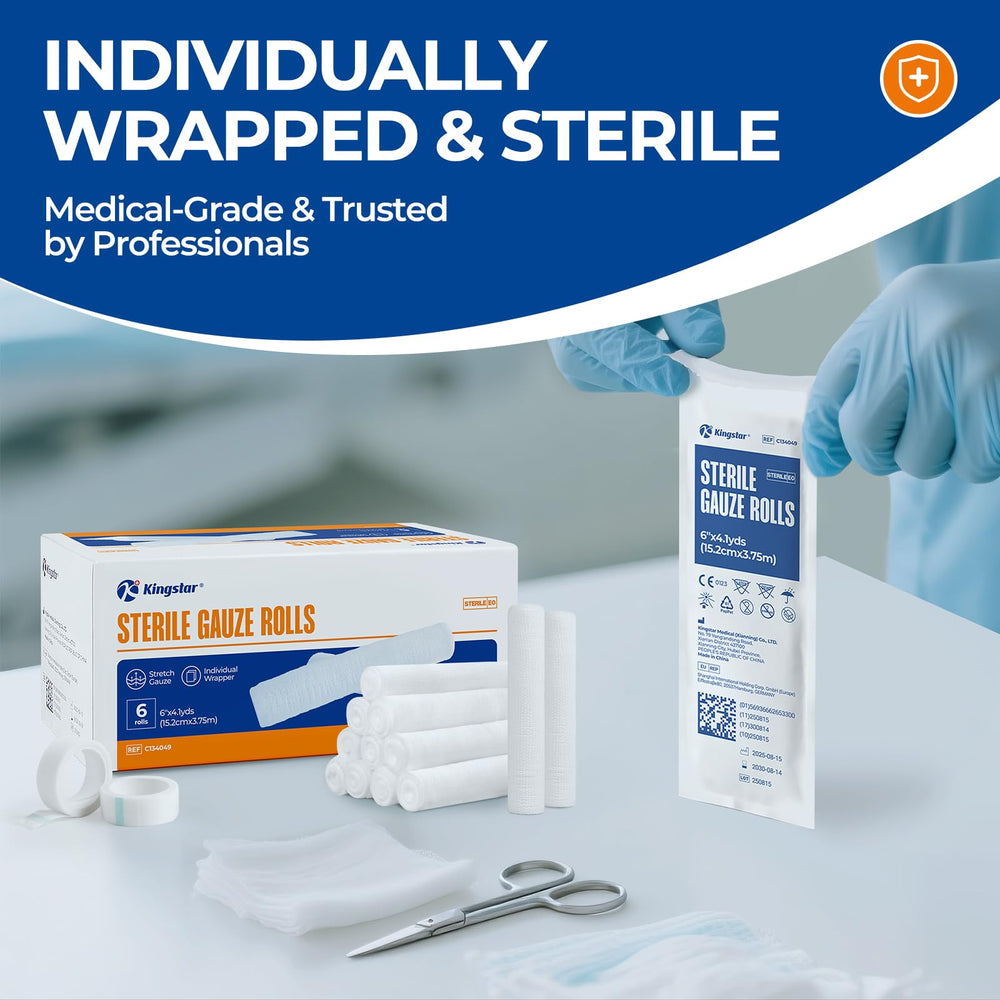 Kingstar various-width gauze rolls, 2in, 3in, and 6in, for diverse wound care needs.