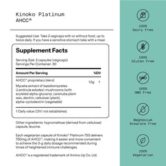 Kinoko Platinum capsules closeup highlights 750 mg per capsule for convenient daily dosing.